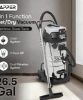 Top Shelf 26.5 Gallon Wet Dry Shop Vacuum With Heavy Duty Steel Tank, Knockout Peak Horsepower Suction, Portable Two In One Build, No Sweat Handling Jobsite Or Garage Debris on a floor.