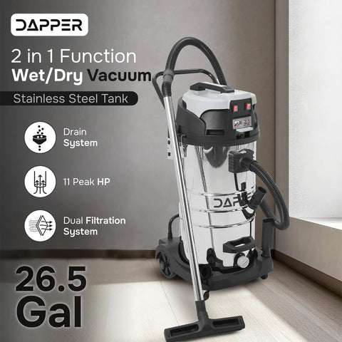 Top Shelf 26.5 Gallon Wet Dry Shop Vacuum With Heavy Duty Steel Tank, Knockout Peak Horsepower Suction, Portable Two In One Build, No Sweat Handling Jobsite Or Garage Debris on a floor.