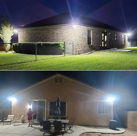 Motion Sensor Outdoor LED Flood Lights 30W illuminating home and patio at night, showcasing 320-degree coverage and 4000 lumens brightness.