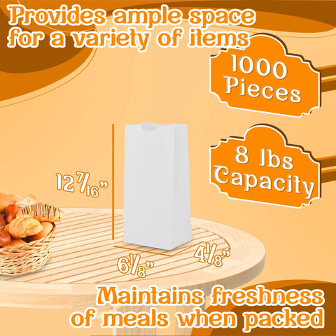 White Paper Bags 8 Lb Capacity, Disposable Lunch Bags For Takeout, Bakery And Store Use, Heavy Duty Paper Bags, Pack Of 1000