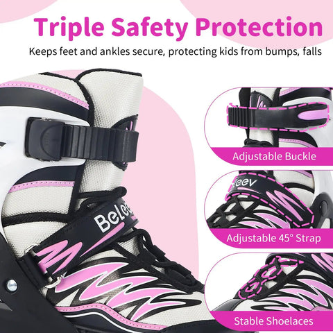 Light Up Inline Skates With Battery Free Illuminated Wheels And Luminous Shoelaces Four Size Adjustable For Kids Ages 5 To 12 Boys And Girls Beginner Indoor And Outdoor Roller Blades For Youth And Women, showcasing adjustable buckle, strap, and shoelaces.