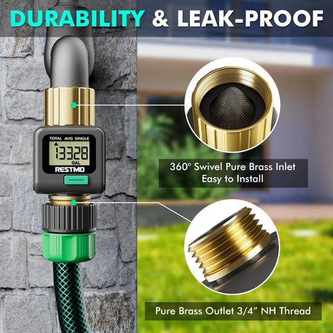Water Flow Meter With Brass Inlet And Outlet For Garden Hose And RV Use, LCD display, and durable brass thread connection.