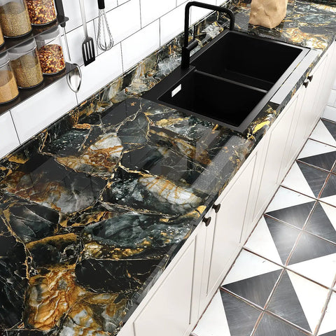 Slate Gold Marble Countertop Contact Paper Peel And Stick Self Adhesive Vinyl Waterproof DIY Friendly Glossy Finish For Kitchen