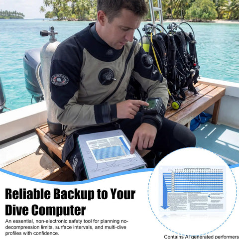Diver holding No Decompression Dive Table In Feet With Instructions Imperial Dive Planner For Scuba Diving Training And Safety