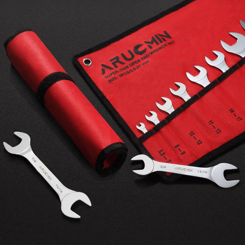 Ultra Thin Open End Wrench Set, 18-Piece SAE And Metric Tools From 1/4 Inch To 1-1/16 Inch And 5.5mm To 27mm, Chrome Vanadium Steel, pouch