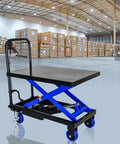 Heavy Duty Hydraulic Lift Trolley And Fold Down Rolling Table Cart For Auto Shops Features Quick Release Platform with wheels.