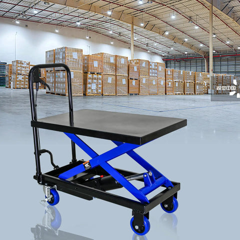 Heavy Duty Hydraulic Lift Trolley And Fold Down Rolling Table Cart For Auto Shops Features Quick Release Platform with wheels.