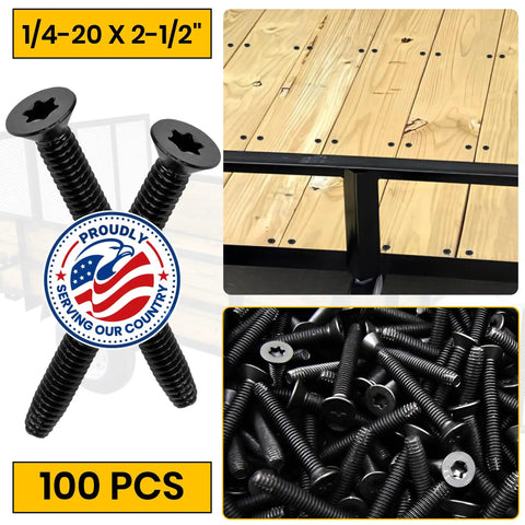 Beefy Heavy Duty Trailer Deck Screws 1/4-20 By 2-1/2 Inch shown with wood trailer deck and bulk screws, 100 piece set