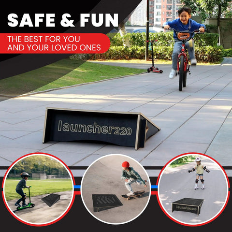 Child riding bike over Extra Wide Kids Jump Ramp For Skateboard, Scooter, Bike, BMX, RC Car And Dirt Bike 23.62 Inch Wide