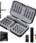 Open case of 32 In 1 Magnetic Ratchet Screwdriver Set With Removable T Handle, featuring S2 CrMo alloy bits and magnetic bit holder.