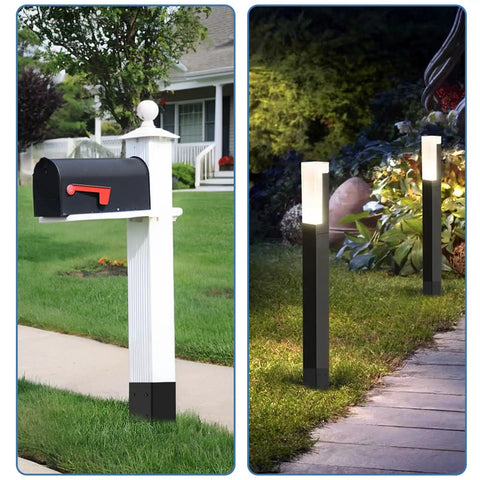 Heavy Duty Fence Post Anchor Ground Spike 24 Inch Metal Post Base Fits 3.6 by 3.6 Inch Black Powder Coated For Mailbox Deck Fence Railing Rust Resistant Weatherproof 14 Gauge Carbon Steel Construction used in a mailbox base setup
