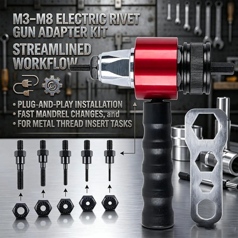 Premium High Carbon Steel Electric Rivet Gun Adapter Kit For Cordless Drill Metric M3 To M8 Rivnut Tool With Clutch Pressure Adjustment To Stop Slipping Perfect Heavy Duty Nutsert Attachment For Serious DIY Projects And Pros, shown with M3-M8 rivnuts
