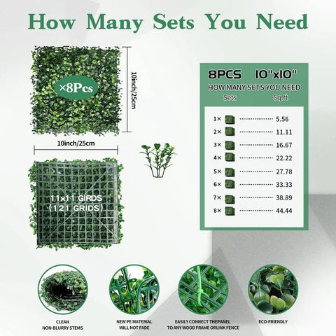 Diagram of Eight Piece 10 By 10 Inch Artificial Grass Wall Panels With 100 Zip Ties showing dimensions and set coverage chart