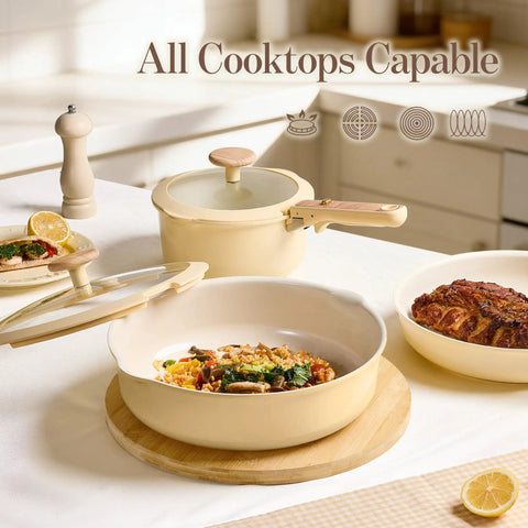 Detachable Handle Ceramic Cookware Set, 18-Piece Nonstick Pots and Pans for RV and Camping, shown in yellow kitchen setup.