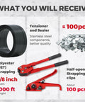 Heavy Duty Black PET Strapping Kit With Tensioner And Cutter, 5/8 Inch X 1000 Feet Of Badass Polyester Strap showing components.
