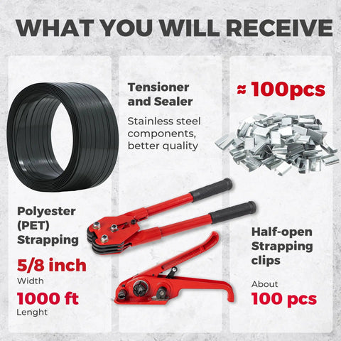 Heavy Duty Black PET Strapping Kit With Tensioner And Cutter, 5/8 Inch X 1000 Feet Of Badass Polyester Strap showing components.
