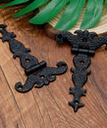 Tee Strap Hinge Set Heavy Duty Antique Black Hinges For Barn Doors and Gates on wooden surface, zinc alloy construction.