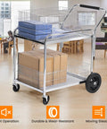 Heavy Duty Steel Office Mail Cart With Smooth As Butter Gliding Dual Casters organizing boxes and paper in an office setting.
