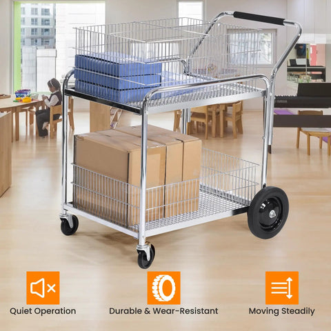 Heavy Duty Steel Office Mail Cart With Smooth As Butter Gliding Dual Casters organizing boxes and paper in an office setting.