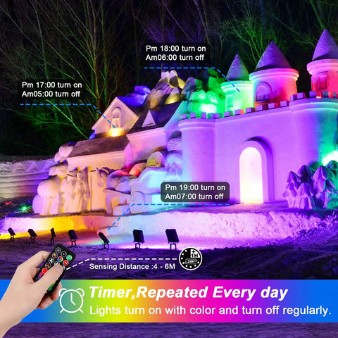 RGB LED Outdoor Flood Light 400W Equivalent With Color Change And Daylight 5700K Landscape Lighting Kit With Remote, Timer, IP66 Waterproof For Yard, Patio, Garage, 4 Pack