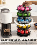 40 Pod Vertuo Capsule Carousel Organizer For Coffee Pods, Rotating Countertop Display next to coffee machine on kitchen counter
