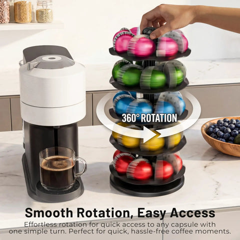 40 Pod Vertuo Capsule Carousel Organizer For Coffee Pods, Rotating Countertop Display next to coffee machine on kitchen counter