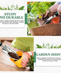 Close-up of two piece garden hand trowel set with aluminum alloy bodies and rubber handles being used for planting and digging.