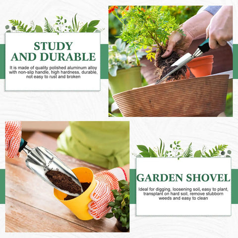 Close-up of two piece garden hand trowel set with aluminum alloy bodies and rubber handles being used for planting and digging.