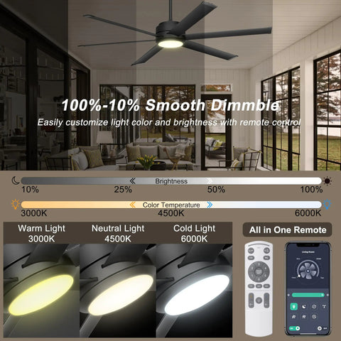 60 Inch Outdoor Ceiling Fan With Lights No Fuss Remote And App Control Dimmable Black Ceiling Fan With DC Motor And Aluminum Blades For Patio And Living Room Rust Resistant Weatherproof Modern Sleek Design