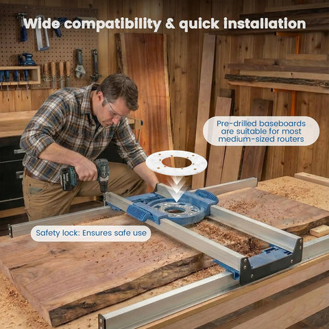 Woodworker setting up a Pro Grade Slab Flattening Router Sled For Woodworking, Easy Setup Slab Jig That Fits Most Routers