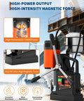 Heavy Duty 1750W Magnetic Drill Beast Built To Slice Through Two Inch Hardened Steel At 810 Rpm While Delivering Rock Solid 2922 Pound Holding Force close-up of controls and magnetic base.