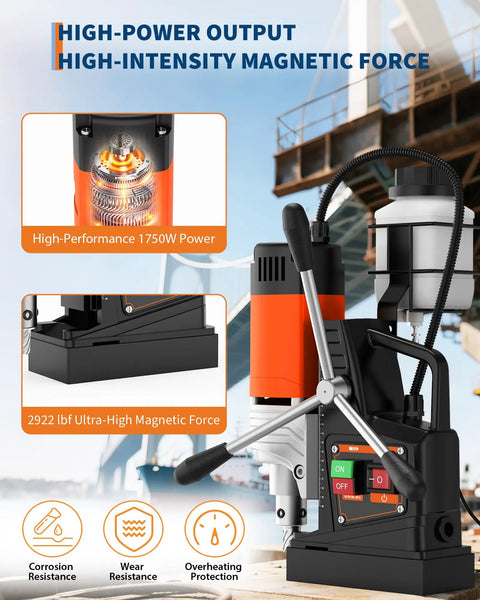 Heavy Duty 1750W Magnetic Drill Beast Built To Slice Through Two Inch Hardened Steel At 810 Rpm While Delivering Rock Solid 2922 Pound Holding Force close-up of controls and magnetic base.