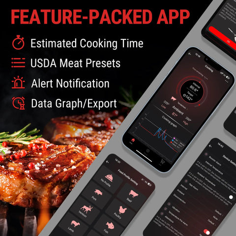 500 Ft Bluetooth Wireless Meat Thermometer That Is 100 Percent Wire Free Monitor Grillin And Smoking Temps app features on smartphone