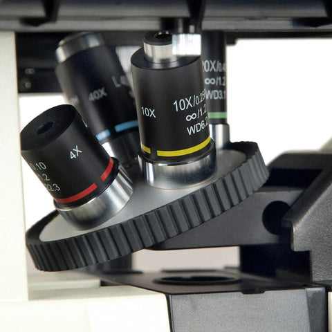Inverted Phase Contrast Compound Microscope With 40X to 400X Magnification, 10X Wide Field Eyepieces, Infinity Plan Phase Contrast 4X, 10X, 20X Objectives, Long Working Distance, Great for Teaching, Classroom Friendly for Demos and Home Lab Use close-up of 4X and 10X objectives
