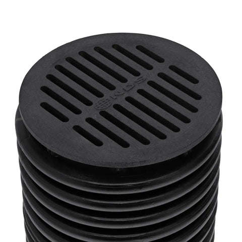 Grate Cover for Round 6 Inch Speed-D Catch Basin, black plastic with slotted top, designed to fit 6 inch drain pipes and fittings.
