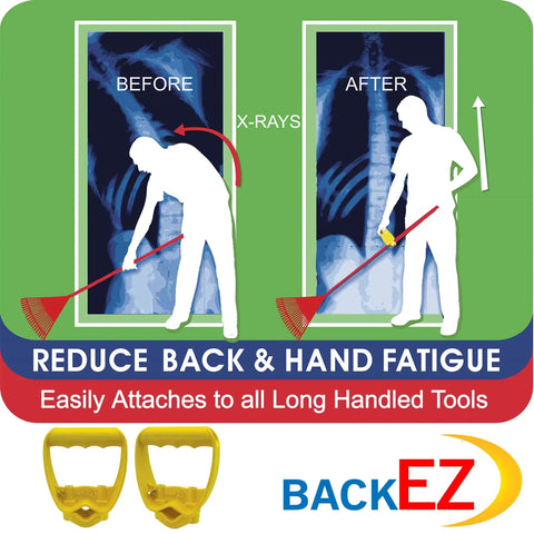Back Saver Tool Handle Attachment For Shovels And Rakes, Ergonomic Offset Grip, image showing ergonomic impact on posture.