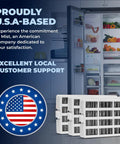 FreshFlow Activated Carbon Refrigerator Air Filter Replacement 3 Pack For Whirlpool Maytag Kitchenaid Jenn Air AIR1 W10311524 Compatible Odor Busting Fridge Freshening packaging next to an open fridge filled with produce and U.S. flag logo.
