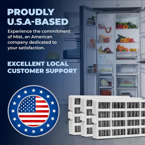 Open refrigerator with Fresh Air Fridge Filter Replacement For Whirlpool FreshFlow AIR1 Maytag KitchenAid JennAir 4 Pack visible.