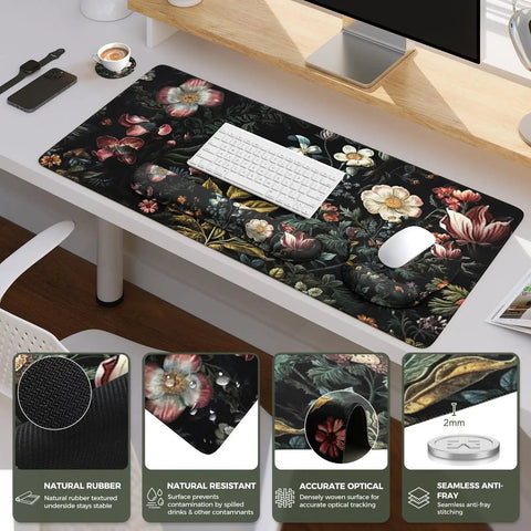 Office desk with floral 4in1 large desk cover mat with ergonomic wrist rest, XXL anti slip mouse pad and keyboard pad, 35.4x15.7 inches