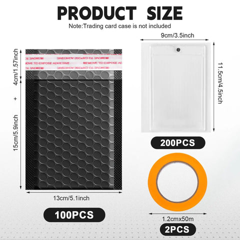All In One Trading Card Shipping Protector Kit With 200 Precut Card Inserts, 100 Poly Bubble Mailers, 2 Black Masking Tape Rolls