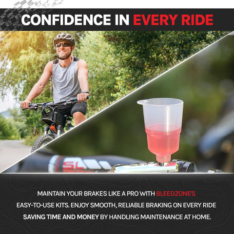 Smiling cyclist with bike and hydraulic brake bleed kit in use; All In One Hydraulic Brake Bleed Kit With Mineral Oil For Shimano And Tektro Brakes