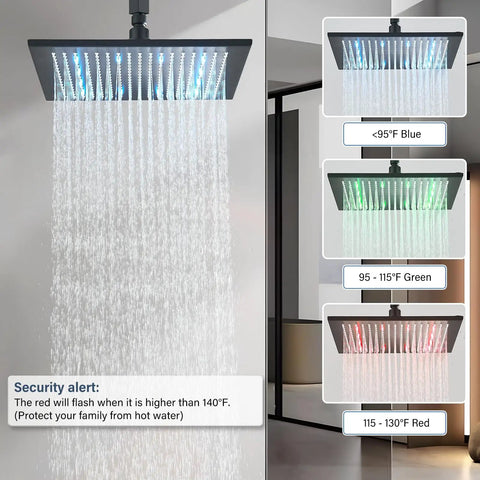 12 Inch Black Square LED Rain Shower Head With Brass Overhead Spray For Bathroom displaying color-changing LED by temperature
