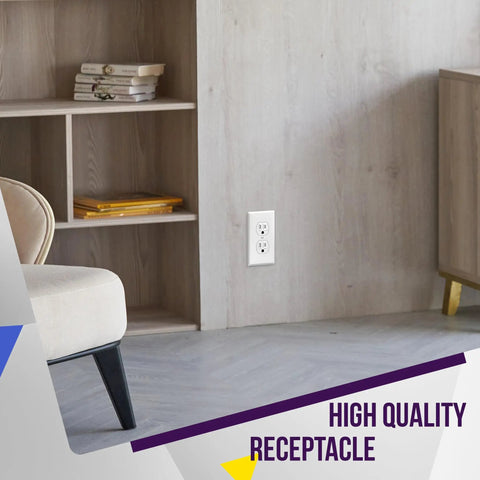 Tamper Resistant Duplex Receptacle Outlets 15A 125V installed on living room wall with shelving background.