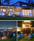 Blue Outdoor Solar Torch Lights 12 Pack With Flickering Flame Waterproof Mini Tiki Torches lighting a modern house and garden.