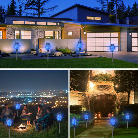 Blue Outdoor Solar Torch Lights 12 Pack With Flickering Flame Waterproof Mini Tiki Torches lighting a modern house and garden.