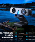 Premium 2K Webcam With Built In Speaker And Noise Canceling Mic, angled view on a stand near water, showcasing design and features.