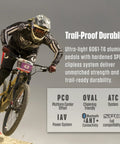Cyclist on trail using MX 2 Dual Sided Power Meter Pedals For MTB And Gravel, precision balance, torque effectiveness, waterproof.