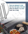 Top Shelf Grill Lid Hinge Replacement Kit Four Pack For Weber 88206 Outdoor Cooking Hardware shown on a grill with silver metal posts and food.