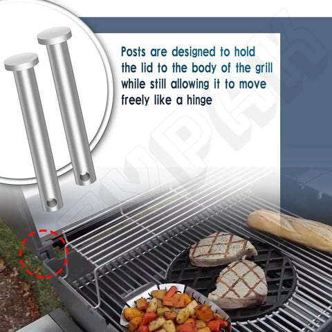 Top Shelf Grill Lid Hinge Replacement Kit Four Pack For Weber 88206 Outdoor Cooking Hardware shown on a grill with silver metal posts and food.