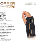 Hand wearing unisex fingerless wrist wrap with ice pack and heat therapy, adjustable compression support, black
